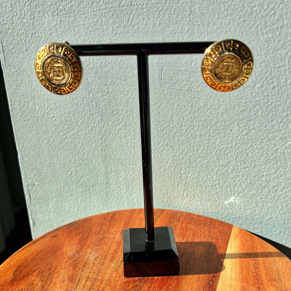 Vintage Givenchy Gold Medallion Earrings – 1980s Couture Iconic Greek Symbol